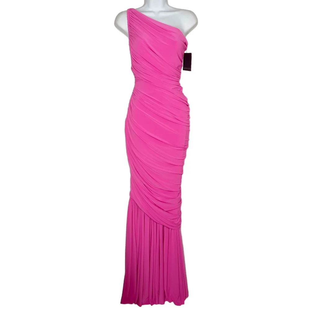 NORMA KAMALI Orchid Pink One Shoulder Ruching Diana Fishtail Gown X-Small NWT - Picture 2 of 13